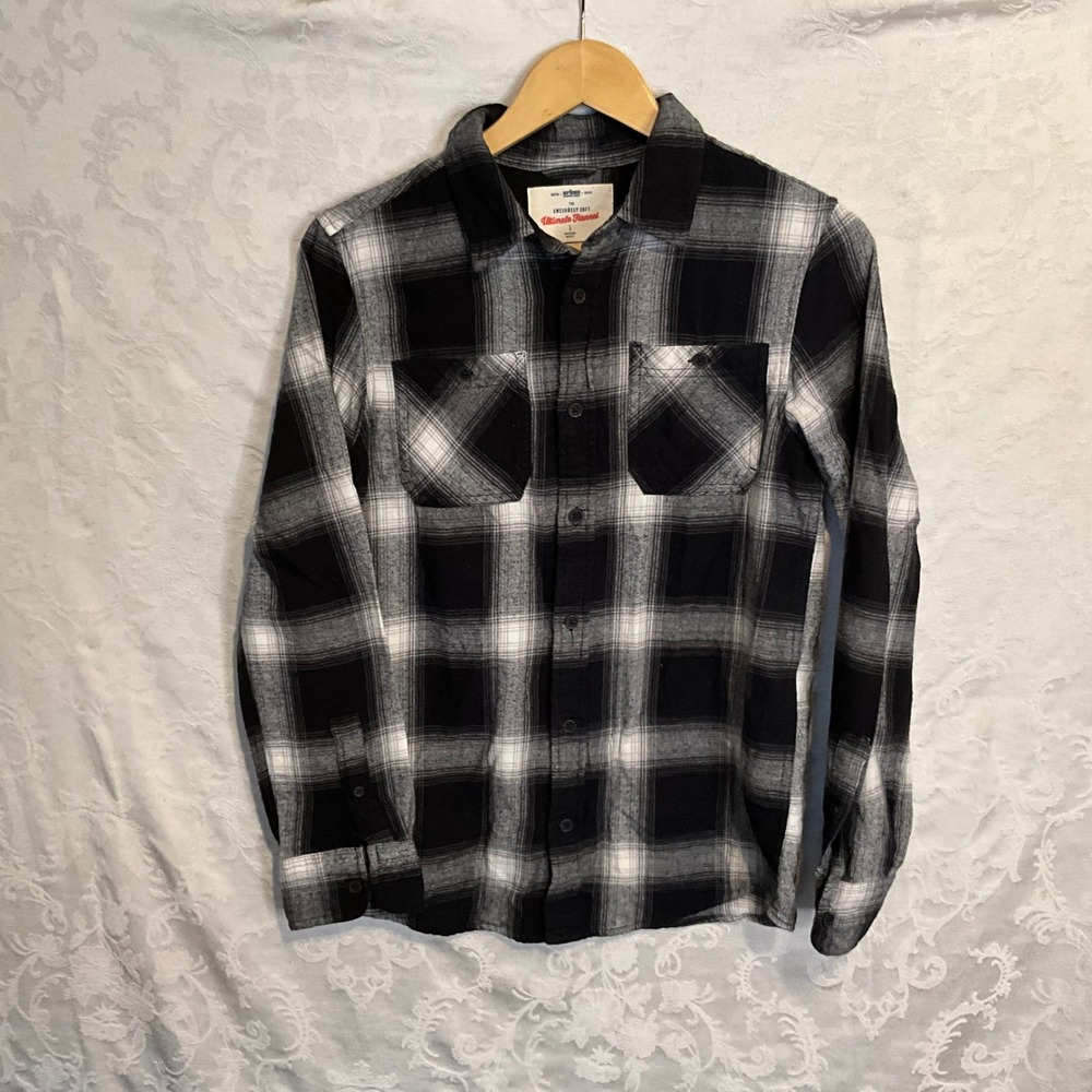 Urban Pipeline Womens Plaid Flannel Long Sleeve Button Shirt Black White Grey M